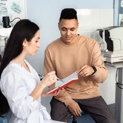 Young man responding to questions in a notebook with a clinician in a doctors office.